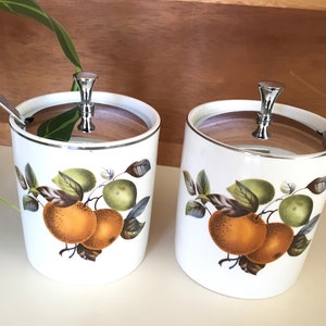 SET of TWO Midwinter Staffordshire Preserve Pots with Lid and Spoon, Jam Jar, Jelly, Condiment Holder, Stylecraft, Orange & Lemons