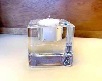 One ORREFORS Crystal Clear ICE CUBE Tea Light Votive Candleholder, Design Goran Warff, Original Labels, 3 Available