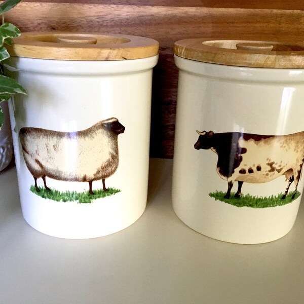 PAIR of PIMPERNEL Canisters with Wood Lids, Sheep Container, Cow Coffee Jar, Designed in England, Farmhouse Kitchen