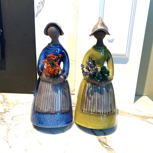 ONE Jie Gantofta Sweden Flower Girl / Vase 11" Tall Ceramic Figurine, Design Elsie Bourelius, TWO Available, Blue OR Green
