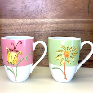 TWO Starbucks 14 Fluid Oz White Ceramic Coffee Mugs, 4 3/4 Inches Tall,  Spring Summer Floral