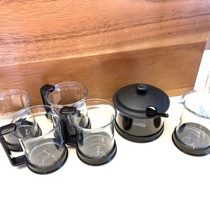 Set of FOUR Black 6 oz BODUM BRAZIL Mugs, Creamer, Covered Sugar Bowl & Spoon,  Original Vintage 80s Brazil Coffee Set by Bodum