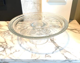 IITTALA Nuutajarvi FLORA Crystal 11 3/4" PLATTER / Cake Plate with Separate Stand, Oiva Toikka, Finland