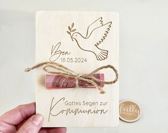 Personalized wooden card | Dove | Wooden card | Wish fulfiller | Baptism | Blessing | Confirmation | Communion | frilly designs