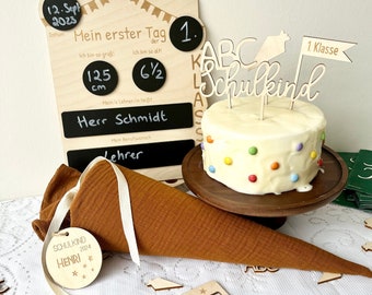 SCHULKIND Paket - personalisierte Lesehilfe , Schultüte Anhänger, Schulkind Tafel & Schulkind Kuchen Set | frilly designs