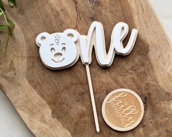 Bear cake topper made of acrylic with name 3D effect cake topper for children's birthday | Birthday plate | Photo holder | frilly designs