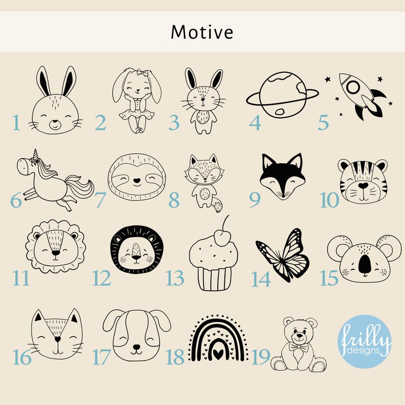 May include: A sheet of black and white illustrations of various animals, objects, and characters. The illustrations are numbered 1 through 19. The text "Motive" appears at the top of the sheet. The text "frilly designs" appears at the bottom right of the sheet.