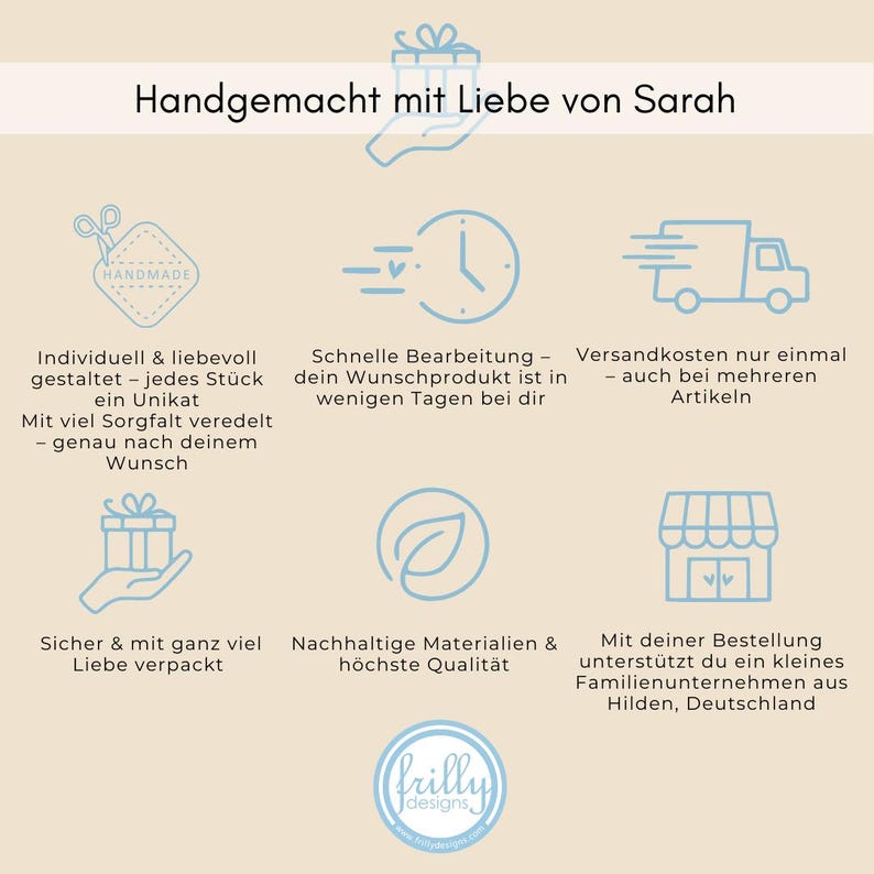 May include: Hand-crafted with love by Sarah, a blue and white illustration of a sewing machine with the word "Handmade" on it.  The image also includes icons for fast shipping, sustainable materials, and a small business.