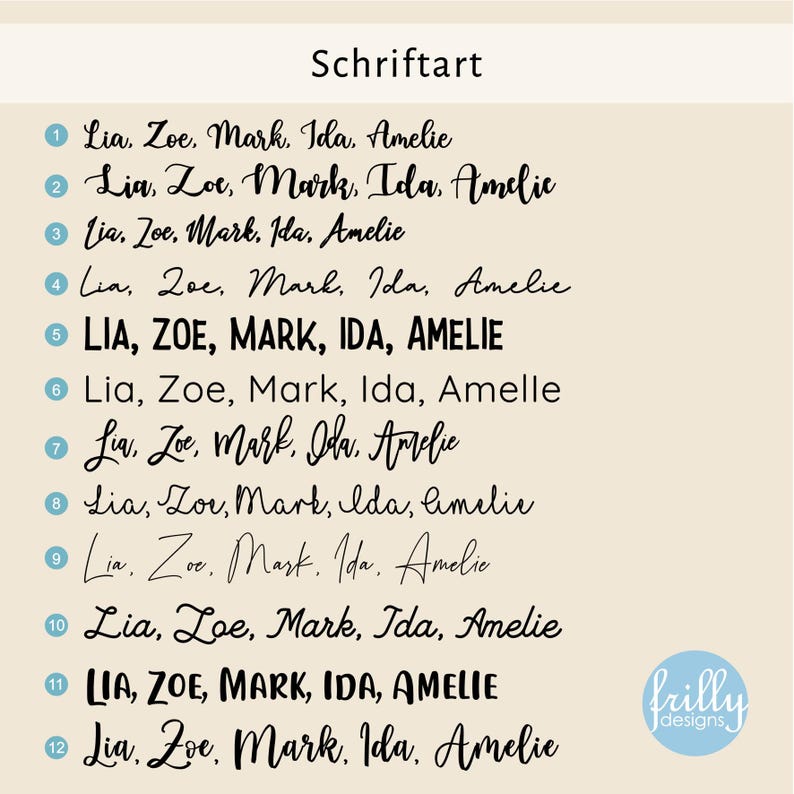 May include: A list of names written in different fonts, with the word "Schriftart" at the top, which is German for "font".