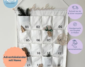 Calendrier de l'Avent XL personnalisé en tissu, compte à rebours de Noël, calendrier de l'Avent avec nom, réutilisable | Motifs à volants