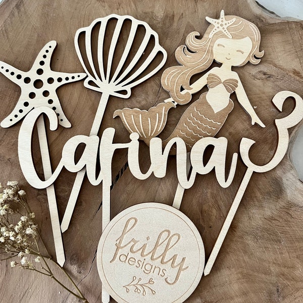 Meerjungfrau Cake Topper Personalisiert Holz Kuchentopper Geburtstagsdeko Kuchenstecker Geburtstag Kind | frilly designs