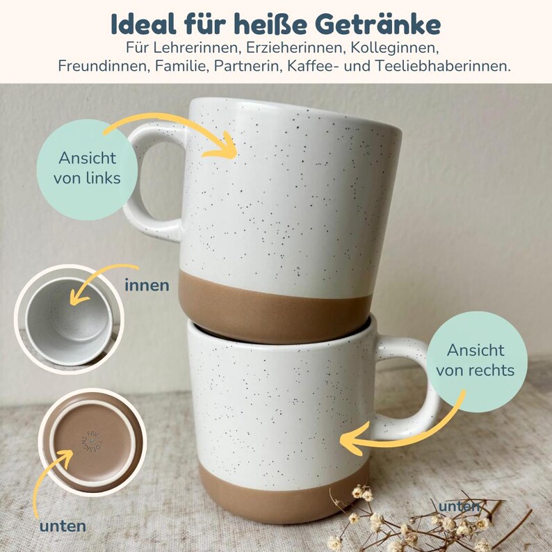 May include: Two ceramic mugs stacked vertically, featuring a white speckled upper section and a solid brown base. The image includes labels indicating views from the left, right, inside, and bottom, along with German text about hot beverages.