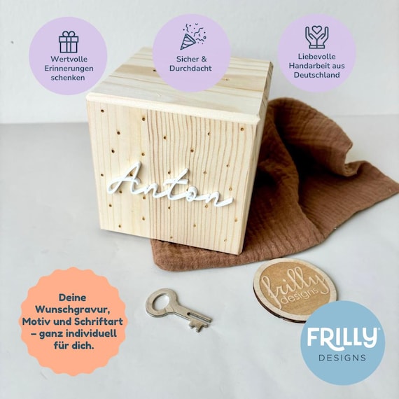 Spardose personalisiert mit 3D Name & Pünktchen Motiv | Holz Spardose | sparschwein | Taufgeschenk Personalisierte Geschenk | frilly®designs