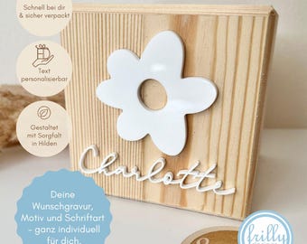 Personalized wooden money box | Money box with name | Gift for birth, christening or first day of school | frilly designs