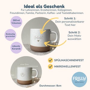May include: A ceramic mug with a speckled white upper section and a solid brown base. The mug features the text Geliebt with a heart icon. It has a 360 ml volume, a 9 cm height, and an 8 cm diameter. The mug is dishwasher and microwave safe.