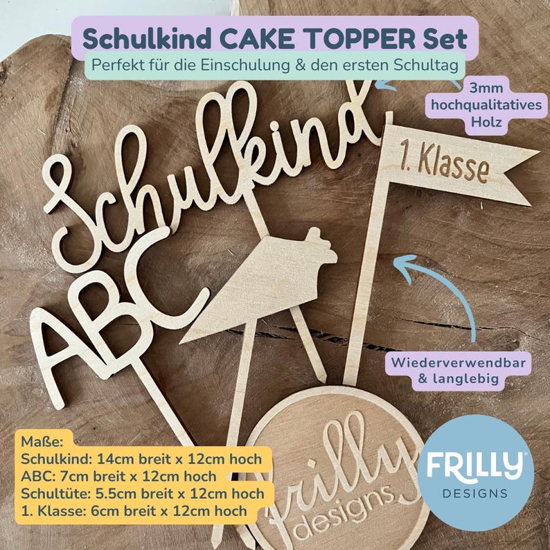 Cake Topper Einschulung 2023 Kuchendeko Set ABC Schultüte erste Klasse Name Kuchen Topper Schulkind Personalisiert mit name | frilly designs image 2