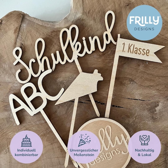 Cake Topper Einschulung 2026 | Kuchendeko Set ABC Schultüte erste Klasse | Kuchen Topper Schulkind | frilly designs