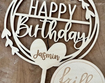 Customised Wooden Rustic Script Happy Birthday Name Cake Topper | frilly designs