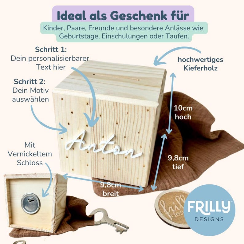 Spardose personalisiert mit 3D Name & Pünktchen Motiv | Holz Spardose | sparschwein | Taufgeschenk Personalisierte Geschenk | frilly designs image 2