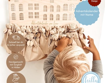May include: A wooden advent calendar in the shape of houses, with small fabric bags suspended beneath. The calendar features the text "Adventskalender von Leno" and "Adventskalender mit Name". A child is interacting with the calendar.