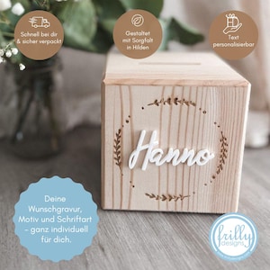 Personalisierte Spardose mit 3D effekt Name Kranz Gravur Holz Spardose mit Namen Personalisierte Geschenk | frilly designs
