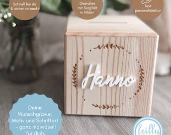Spardose personalisiert mit 3D Name und Kranz Gravur | Holz Spardose | sparschwein | Taufgeschenk Personalisierte Geschenk | frilly designs