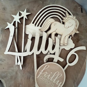Einhorn Cake Topper Personalisiert wunschname Einhorn Geburtstag Sterne Zahl Holz Kuchenstecker Geburtstag Kind | frilly designs afbeelding 1