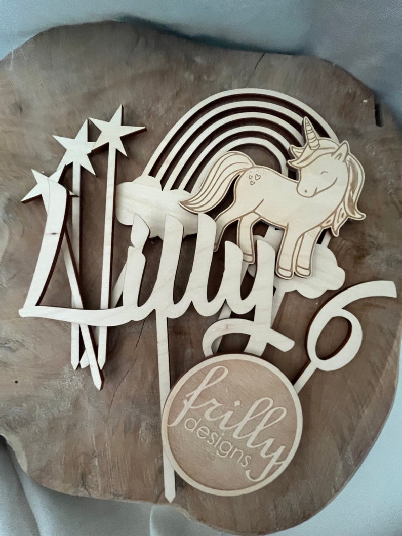 Einhorn Cake Topper Personalisiert wunschname Einhorn Geburtstag Sterne Zahl Holz Kuchenstecker Geburtstag Kind | frilly designs afbeelding 1