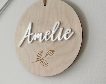 Wooden sign with name made of acrylic with various motifs as wall decoration frilly designs