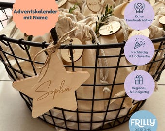 May include: A black wire basket filled with numerous small beige fabric drawstring pouches. Each pouch features a round wooden tag with a number and a sprig of greenery. A large wooden star tag with the name Sophia is tied to the front.
