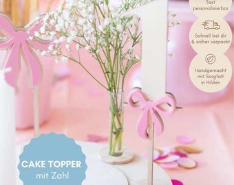 Wooden Bow Number Cake Topper, 3D Effect Birthday Cake Topper - Personalized Cake Topper with Number - Reusable