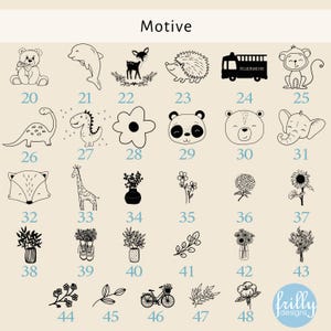 May include: A set of 48 black and white illustrations featuring various animals, plants, and objects. The illustrations are numbered 20 through 48. The word "Motive" is at the top of the image.