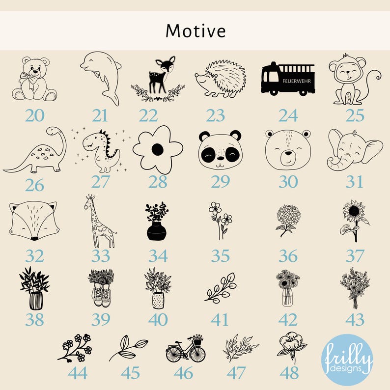 May include: A set of 48 black and white illustrations featuring various animals, plants, and objects. The illustrations are numbered 20 through 48. The word "Motive" is at the top of the image.