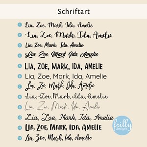 May include: A graphic design image showing 12 different variations of the names Lia, Zoe, Mark, Ida, and Amelie in a handwritten font style. The names are numbered 1 through 12. The image also includes the text "Schriftart" and the logo "frilly designs".