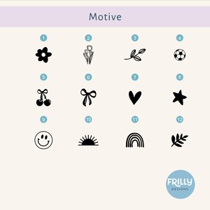 May include: A grid of twelve black icons labeled Motive, featuring a flower, tulips, a leaf sprig, a soccer ball, cherries, a bow, a heart, a star, a smiley face, a sun, a rainbow, and a fern leaf, with the Frilly Designs logo at the bottom.