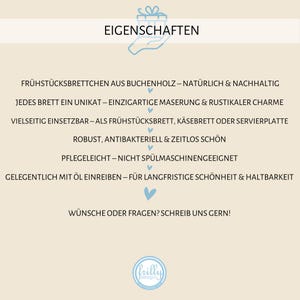 Peut inclure: Un graphique beige clair avec le mot "EIGENSCHAFTEN" en haut, suivi de puces en allemand d&eacute;crivant une planche &agrave; petit-d&eacute;jeuner en bois de h&ecirc;tre. Le texte mentionne &eacute;galement le grain unique, la polyvalence et la durabilit&eacute; de la planche.