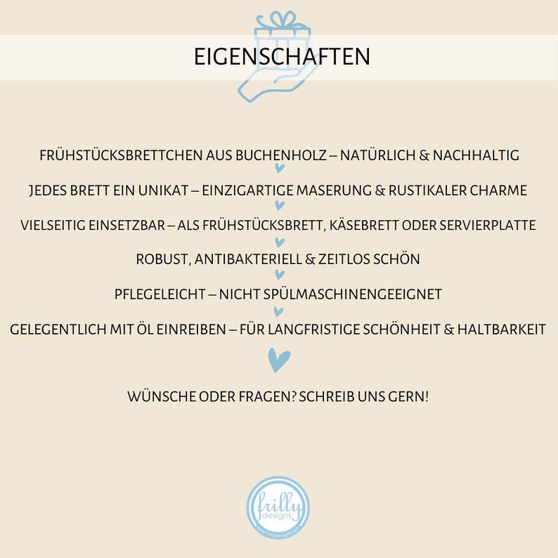 Peut inclure: Un graphique beige clair avec le mot "EIGENSCHAFTEN" en haut, suivi de puces en allemand d&eacute;crivant une planche &agrave; petit-d&eacute;jeuner en bois de h&ecirc;tre. Le texte mentionne &eacute;galement le grain unique, la polyvalence et la durabilit&eacute; de la planche.