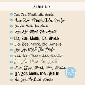 Peut inclure: Sur un fond cr&egrave;me, douze exemples de texte des noms Lia, Zoe, Mark, Ida et Amelie sont pr&eacute;sent&eacute;s dans diff&eacute;rentes polices. Le mot "Schriftart" est en haut. Un logo "frilly designs" est dans le coin inf&eacute;rieur droit.