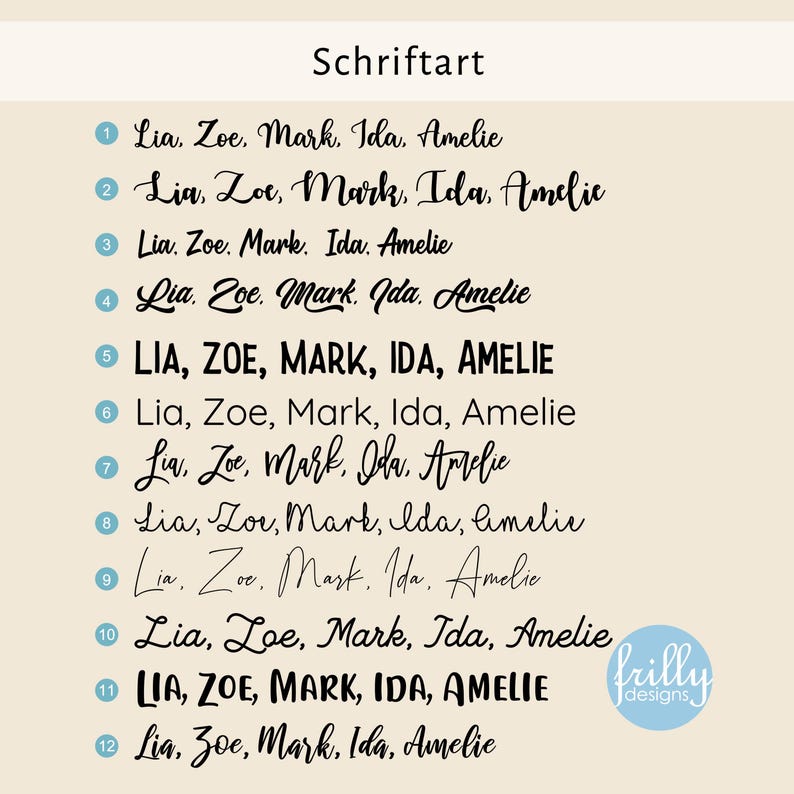 Peut inclure: Sur un fond cr&egrave;me, douze exemples de texte des noms Lia, Zoe, Mark, Ida et Amelie sont pr&eacute;sent&eacute;s dans diff&eacute;rentes polices. Le mot "Schriftart" est en haut. Un logo "frilly designs" est dans le coin inf&eacute;rieur droit.