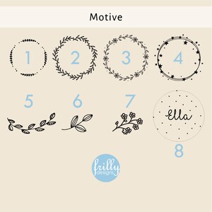 May include: A set of eight different black and white illustrations, numbered 1 through 8. The illustrations include wreaths, branches, and a circle with the word "Ella" inside. The illustrations are on a beige background.