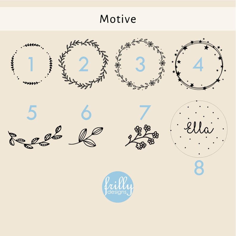 May include: A set of eight different black and white illustrations, numbered 1 through 8. The illustrations include wreaths, branches, and a circle with the word "Ella" inside. The illustrations are on a beige background.