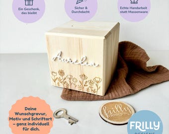 Spardose personalisiert mit 3D Name und Blumen Gravur | Holz Spardose | sparschwein | Taufgeschenk Personalisierte Geschenk | frilly designs