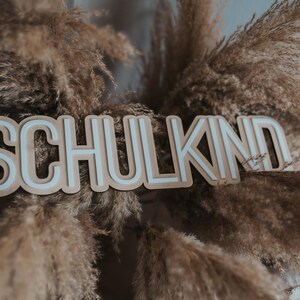 May include: A wooden sign with the word "SCHULKIND" in white letters on a brown background. The sign is surrounded by dried pampas grass.