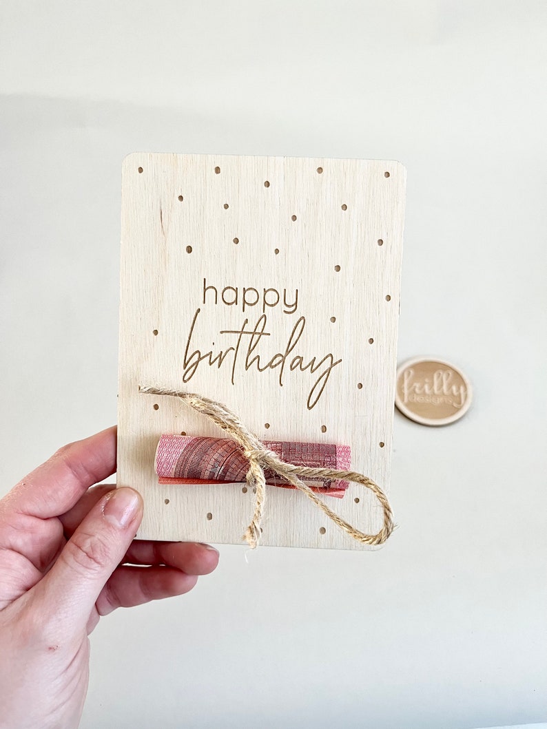 Wooden gift card Cash gift Wooden card Wooden card Wish fulfiller frilly designs Happy Birthday