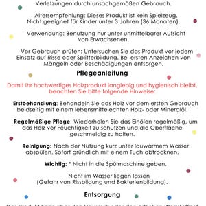 Peut inclure: Un document blanc en allemand avec des instructions de s&eacute;curit&eacute; et d'entretien pour les produits. Le texte comprend des avertissements sur les risques d'&eacute;touffement, les recommandations d'&acirc;ge et les instructions de nettoyage.