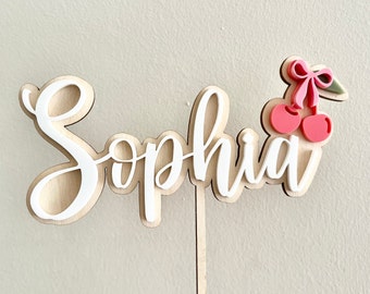 Personalized cherry and bow cake topper made of acrylic with name 3D effect cake topper for birthday children's birthday | frilly designs