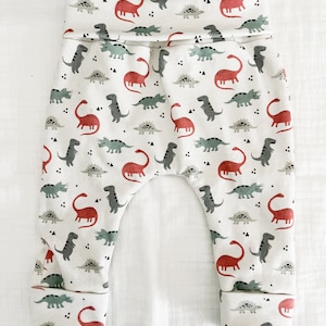 Organic baby pants, harem pants, newborn baby pants, neutral baby leggings, boy sweatpants, baby boy pants, dinosaur print pants