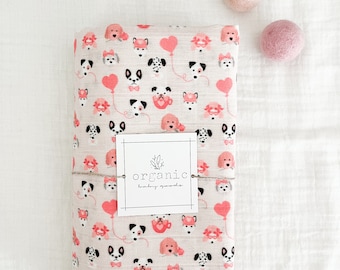 Organic Swaddle Blanket|Receiving Blanket|Crib Blanket|Stroller Blanket|Puppy Love Print|Organic Cotton Muslin