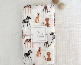 Organic Swaddle Blanket|Receiving Blanket|Crib Blanket|Stroller Blanket|Wild Animals Print|Organic Cotton Muslin