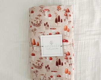 Organic Swaddle Blanket|Receiving Blanket|Crib Blanket|Stroller Blanket|Autumn Mushroom Print|Organic Cotton Muslin